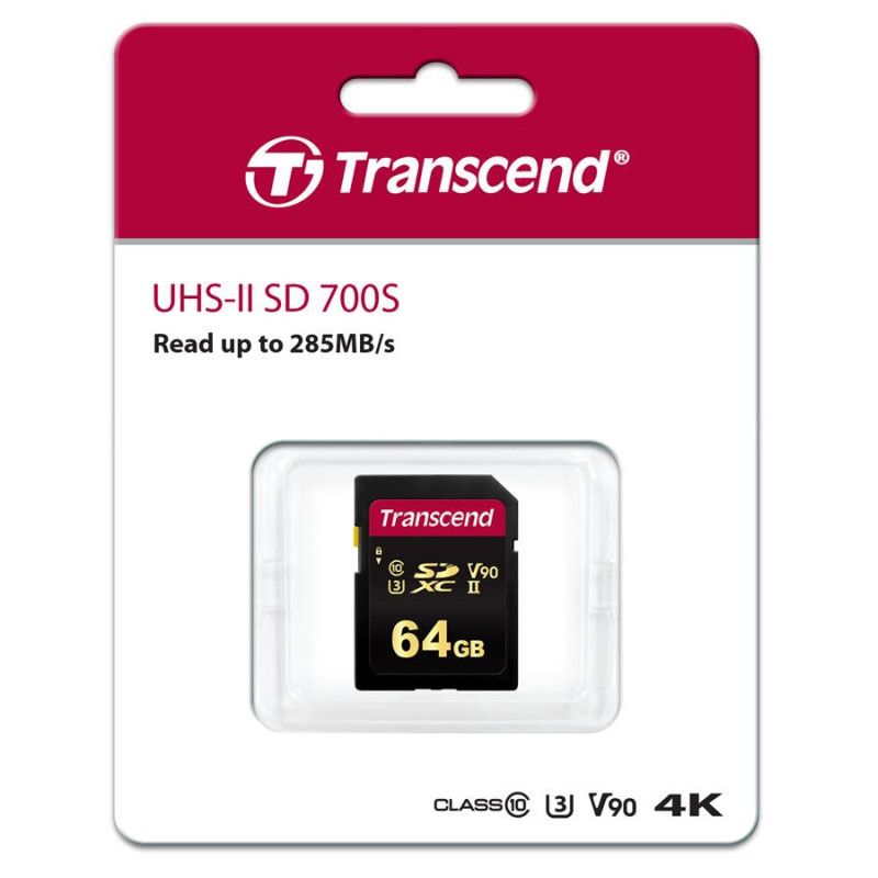 Transcend SDXC/SDHC 700S[Карта памяти SD 64GB C10 UHS-II U3 R285/W220MB/s 4K] (TS64GSDC700S)