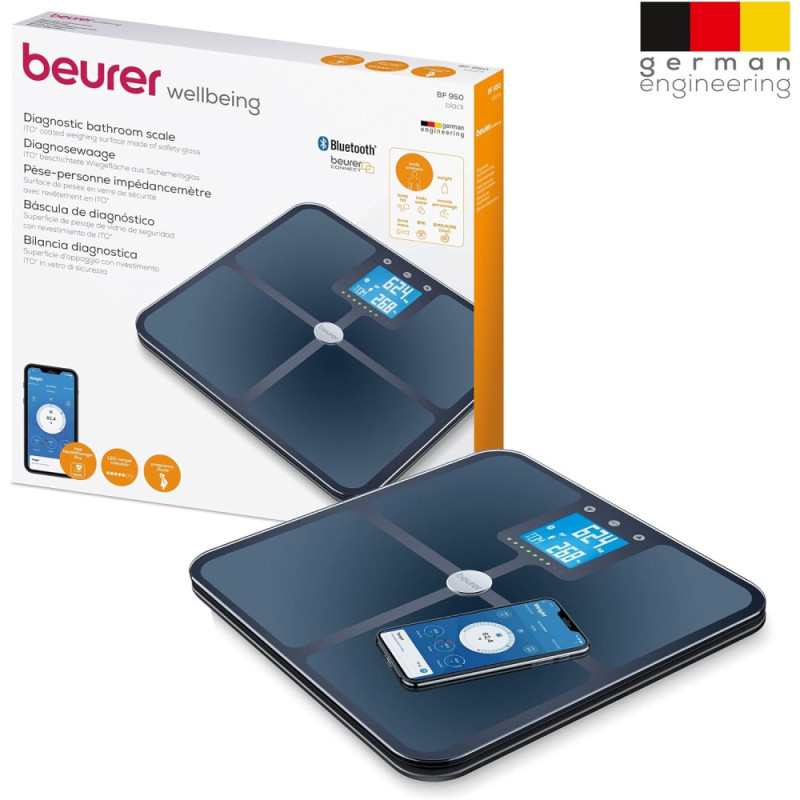 Beurer Scales for floor, 180кг, подкл. к смарфтону, сенс. управл., аналіз тіла, 4хААА included, glass, black (BF_950_BLACK)