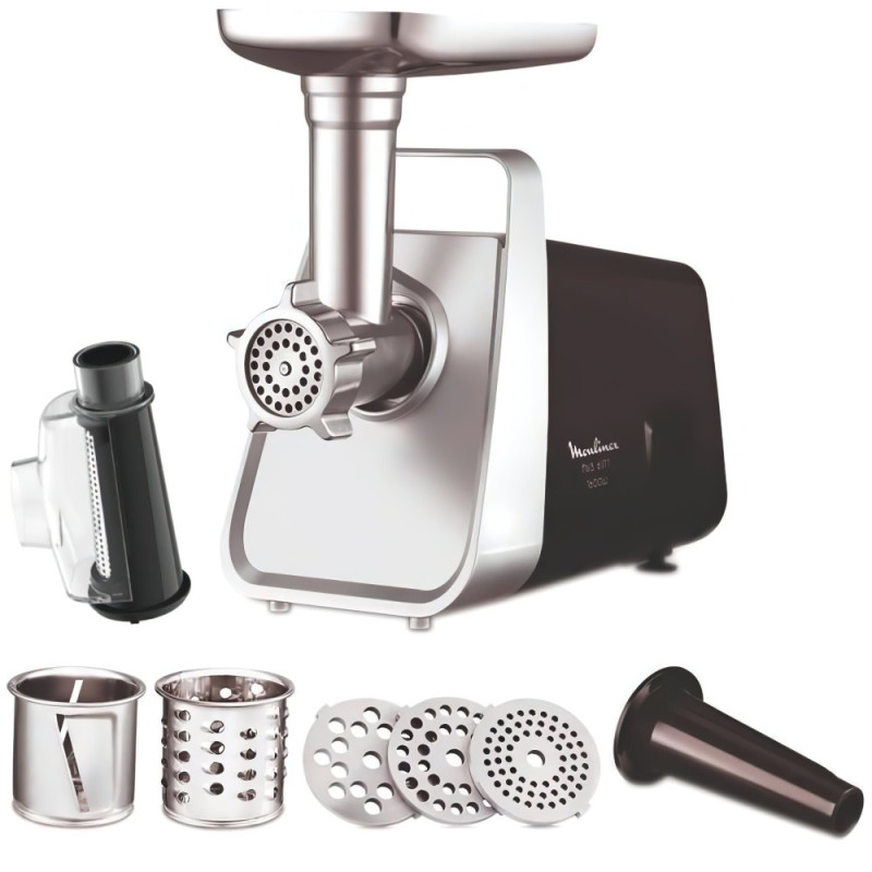 Moulinex meat grinder, 2000W, 2.6kg/min, 3 cutting plates, sausages nozzle, 5 vegetable slicer, plastik, white- grey (ME307832)