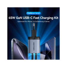 Зарядное устройство Vention 2xUSB-C PD45W GaN + cable USB-C to USB-C 1.0m black gray (TZ-FCDH0-EU)