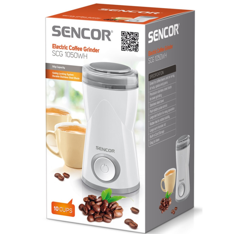 Sencor Кофемолка роторная 150Вт, объем зерен-50г, пластик, белый (SCG1050WH)