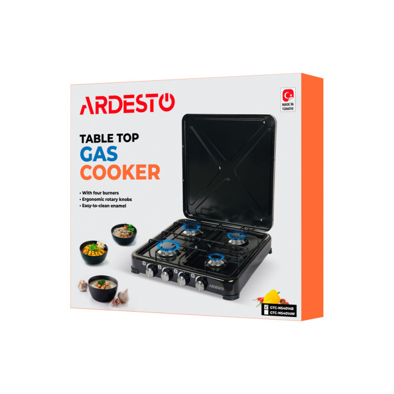 ARDESTO Gas Cooktop GTC-NS4014B, gas type LPG, 4 alum. burners, enamel body, painted grid, top lid, color: black
