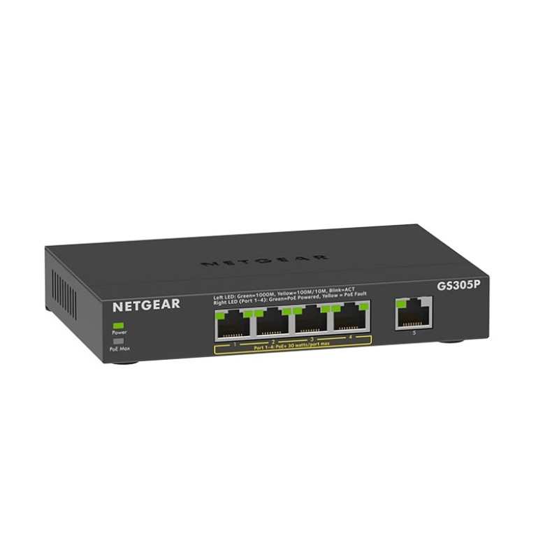 NETGEAR Коммутатор GS305Pv2 4xGE PoE+ (63Вт), 1xGE, неуправляемый (GS305P-300EUS)