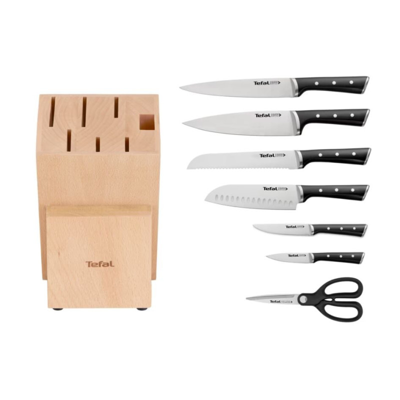 Tefal Set of knives Ice Force, wooden deck, 7pcs, wood, plastic, stainless steel, black (K232S704)
