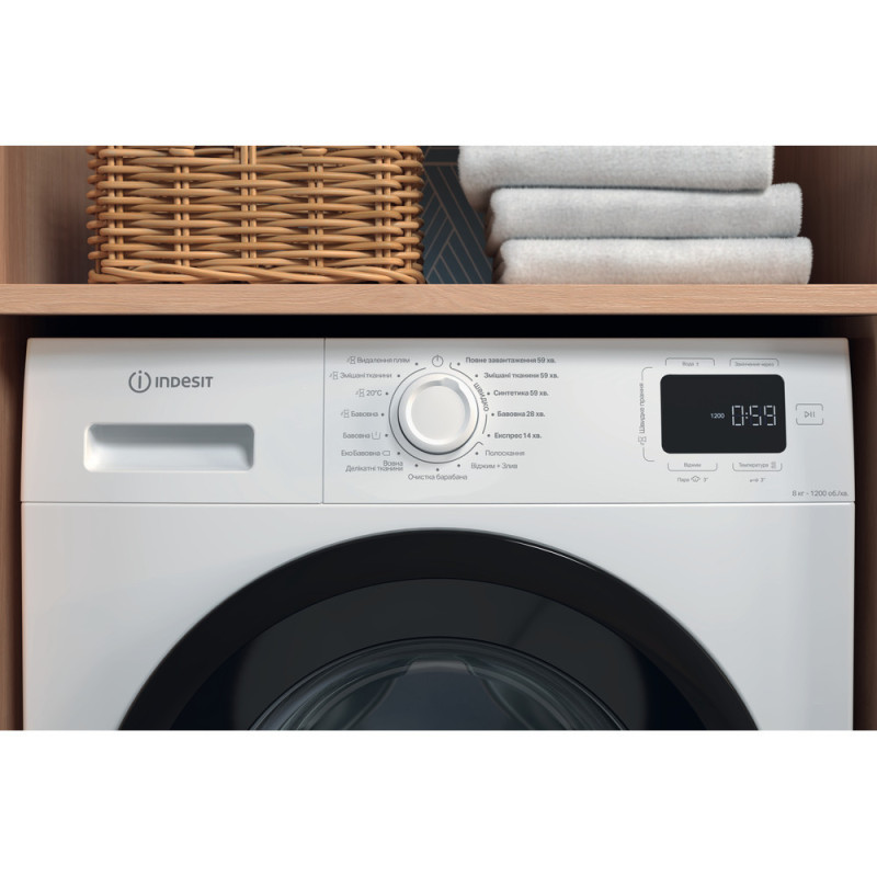 Indesit WM front load, 8kg, 1200, A+++, 54.6cm, display, steam, invertor, black door, white (IM812BMYTIMEUA)
