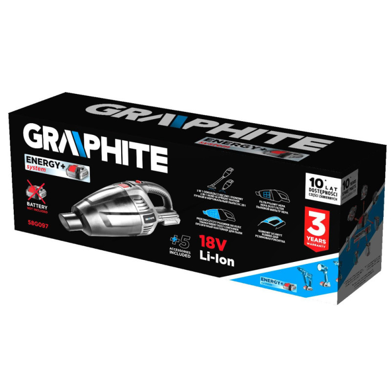 Graphite Пылесос аккумуляторный Energy+ 18В 34Вт 3.8кПа контейнер 0.5л HEPA 1.37кг без АКБ и ЗП (58G097)