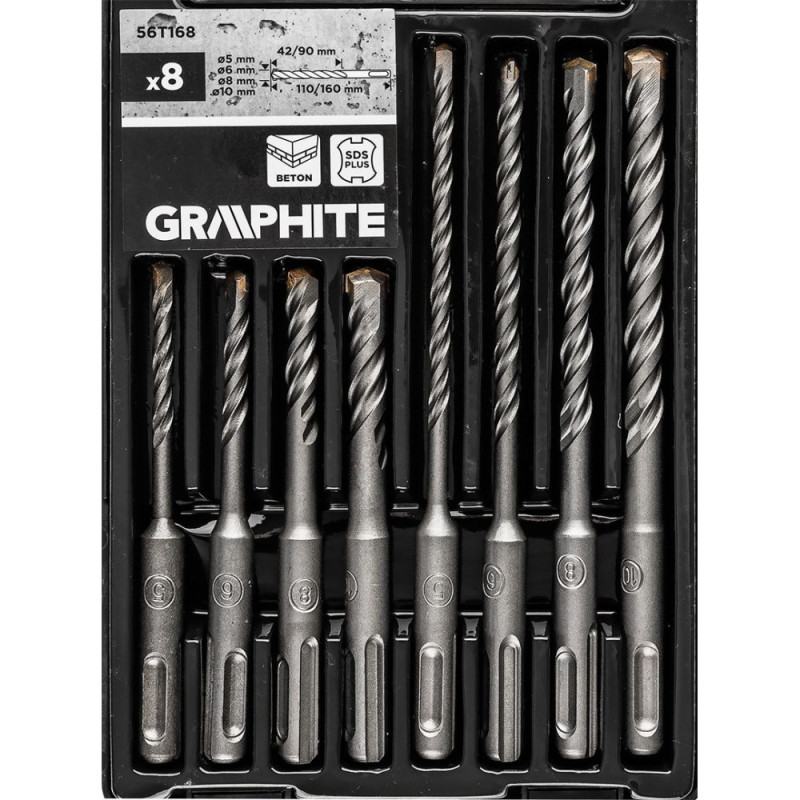 Graphite Набір свердел по бетону GRAPHITE SDS Plus 5x6x8х110мм, 5х6x8x10x160мм, кейс, 8шт (56T168)