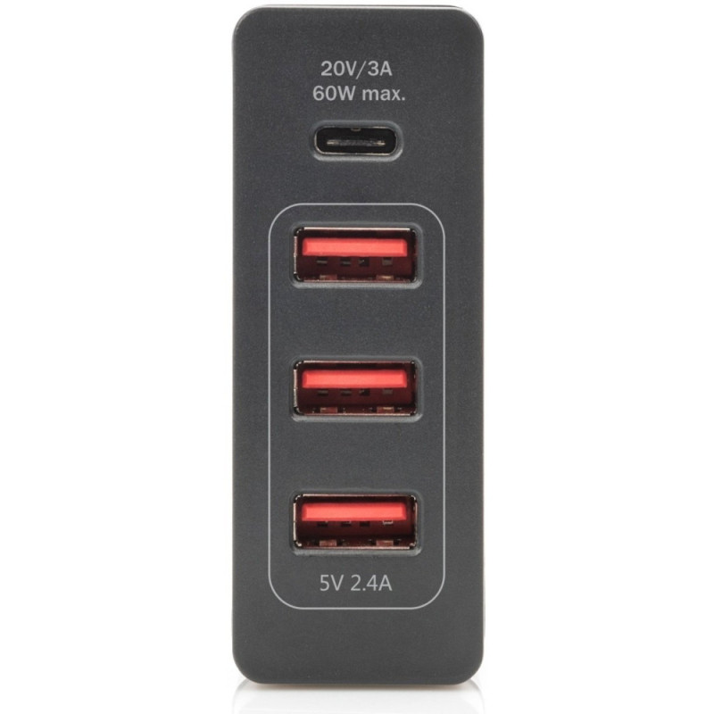 Digitus 4-Port USB Charger, 72W, 1xUSB-C (Power Delivery), 5,9,15,20V/3A, 3x USB-A 5V/2.4A, black (DA-10195)