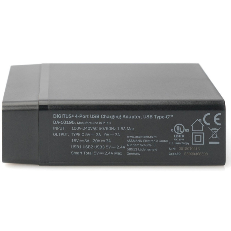 Digitus 4-Port USB Charger, 72W, 1xUSB-C (Power Delivery), 5,9,15,20V/3A, 3x USB-A 5V/2.4A, black (DA-10195)