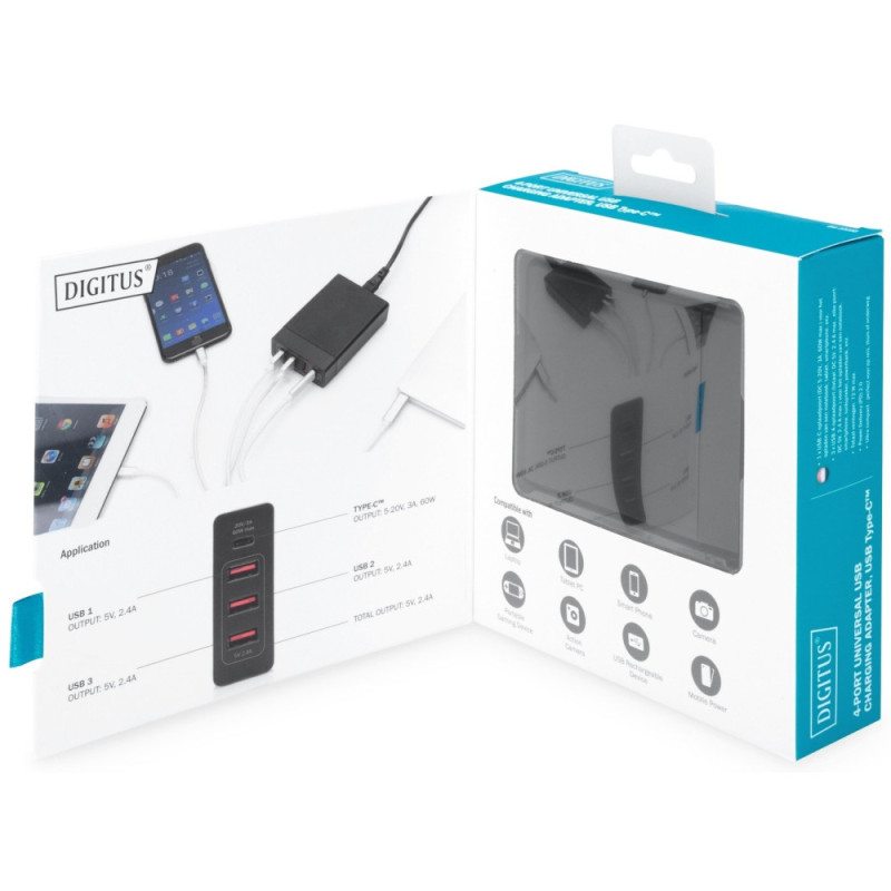 Digitus 4-Port USB Charger, 72W, 1xUSB-C (Power Delivery), 5,9,15,20V/3A, 3x USB-A 5V/2.4A, black (DA-10195)