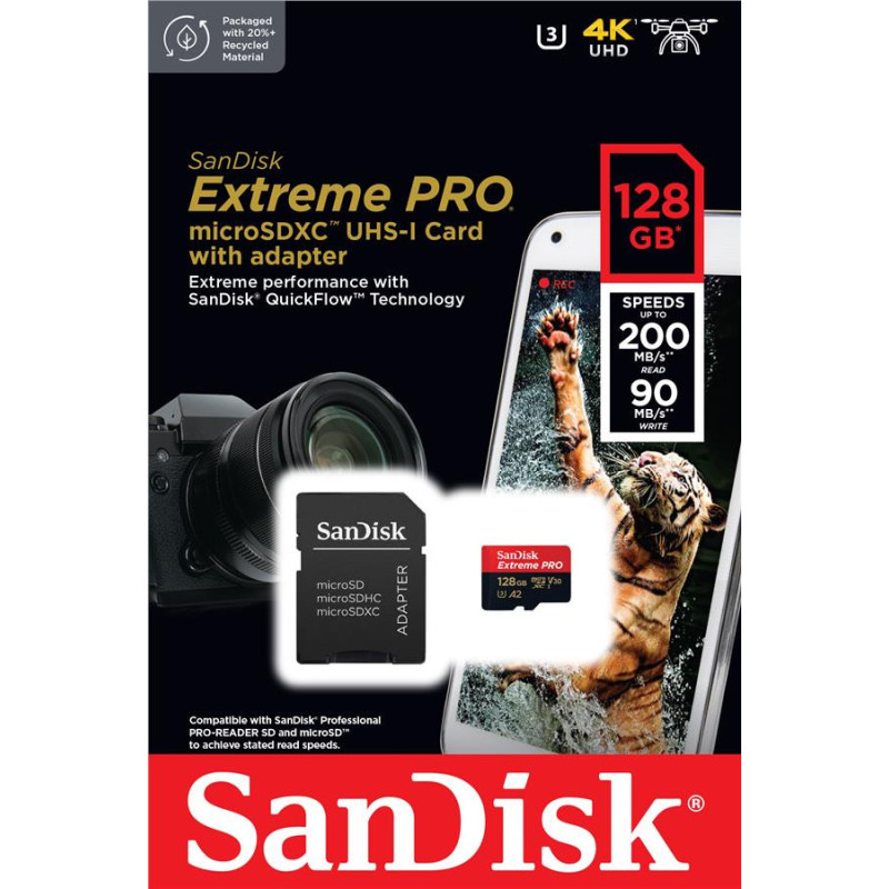 SanDisk microSD 128GB C10 UHS-I U3 R200/W90MB/s Extreme Pro V30 + SD (SDSQXCD-128G-GN6MA)