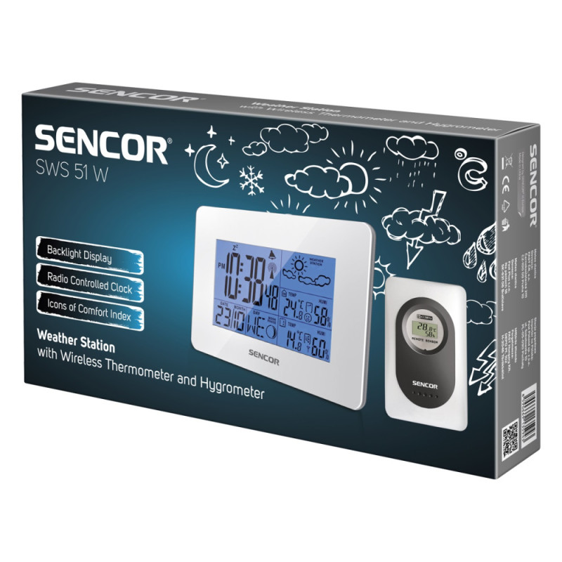 Sencor Метеостанція, внутр/зовн вимірювання, AAx3+AAAx2, темп-ра, вологість, час, прогноз погоди, білий (SWS51W)