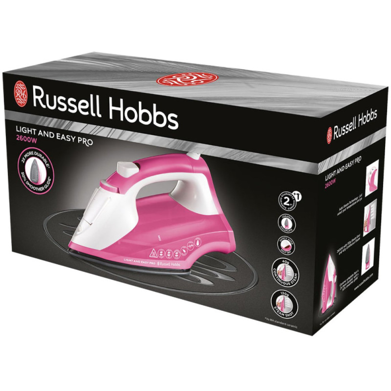 Russell Hobbs Iron Light&Easy Pro, 2600W, 240ml, steam boost -130g, constant steam - 40g, ceramic soleplate, white-pink (26461-56)