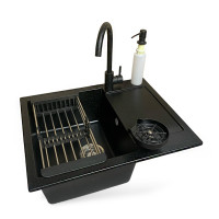 Adamant Kitchen set Minimal, artificial stone, rectang., with drainboard, 615х495х200mm, bowl - 1, over-mounted, black + mixer + dispenser + glass rinser + colander (4824296106403)