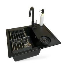 Adamant Kitchen set Minimal, artificial stone, rectang., with drainboard, 615х495х200mm, bowl - 1, over-mounted, black + mixer + dispenser + glass rinser + colander (4824296106403)