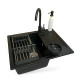 Adamant Kitchen set Minimal, artificial stone, rectang., with drainboard, 615х495х200mm, bowl - 1, over-mounted, black + mixer + dispenser + glass rinser + colander (4824296106403)