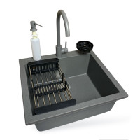 Adamant Kitchen set Univer, artificial stone, square, no drainboard, 560х500х200mm, bowl - 1, over-mounted, grey + mixer + dispenser + glass rinser + colander (4824296106604)