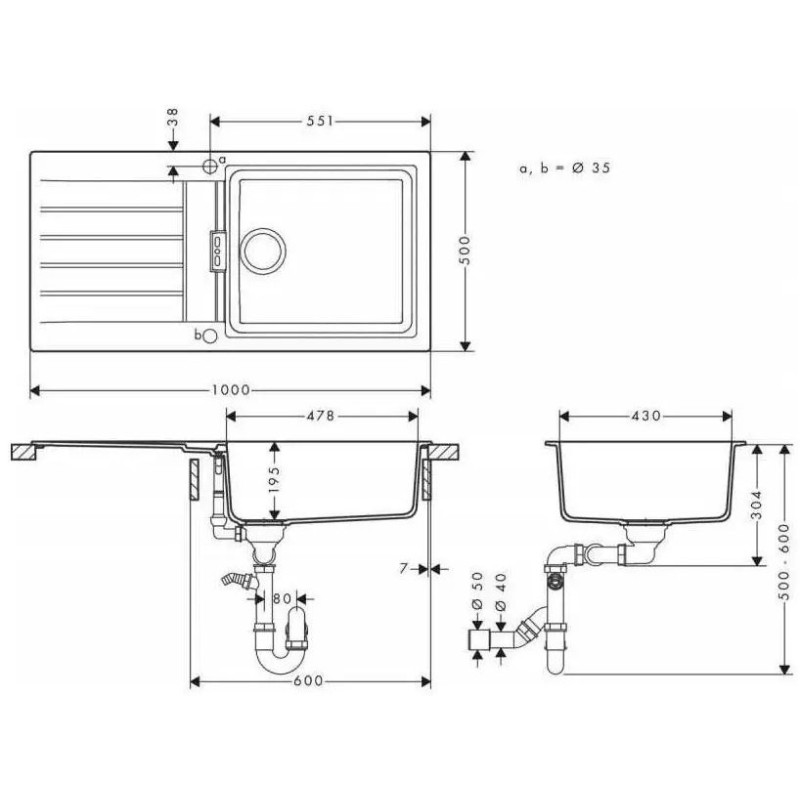 Hansgrohe Kitchen set, granite sink S520-F480 + tap Focus M41, dispenser A41, black graphite-black matt (43358600)
