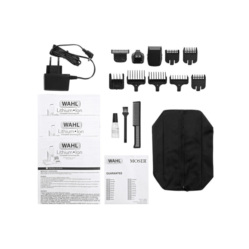 Moser Haircut kit WAHL Multi Purpose Grooming Kit for beard and head, network+battery, rotary  motor, nozzles-12, steel, black (09854-616)