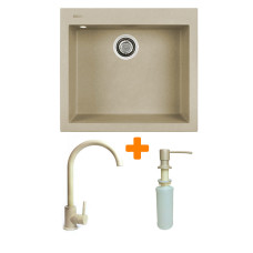 Adamant Kitchen set Univer, artificial stone, square, no drainboard, 560х500х200mm, bowl - 1, over-mounted, Sahara + mixer and dispenser (4824296902102)