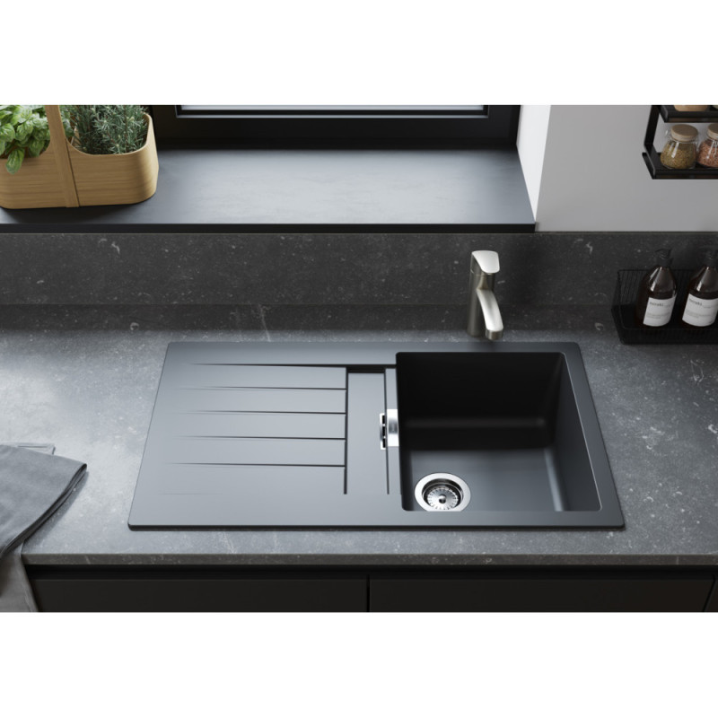 Hansgrohe Мийка кухонна S52, граніт, прямокутник, з крилом, 840х480х190мм, чаша - 2, накладна, S520-F345, чорний графіт (43356170)