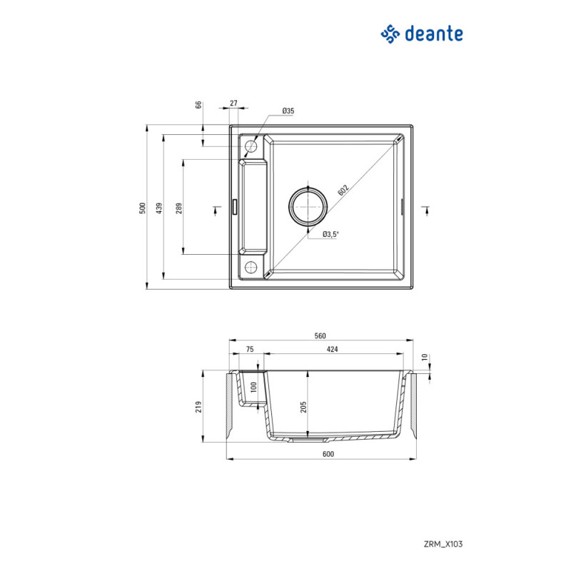 Deante Мойка кухонная Magnetic, гранит, квадрат, без крыла, 560х500х219мм, чаша - 1, врезная, антрацит (ZRM_T103)