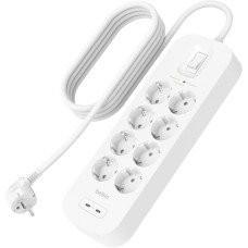 Belkin Подовжувач-фільтр мережевий Belkin 8хТип F, 3x1.5мм кв, 16А, USB-C/USB-C 30Вт, з захистом від перенапруги, 2м, білий (SRB004VF2M)