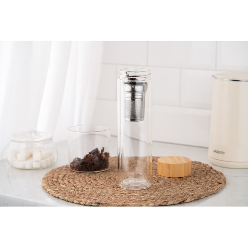 ARDESTO Double wall Bottle, 450 ml, borosilicate glass, bamboo lid (AR1345BB)