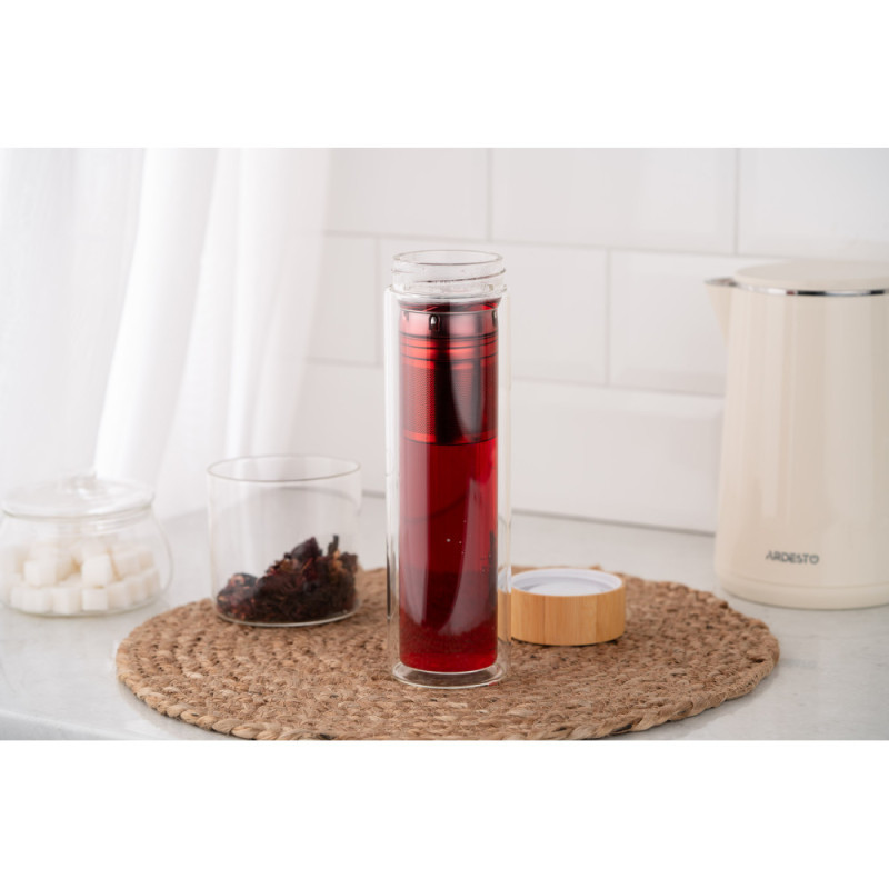 ARDESTO Double wall Bottle, 450 ml, borosilicate glass, bamboo lid (AR1345BB)