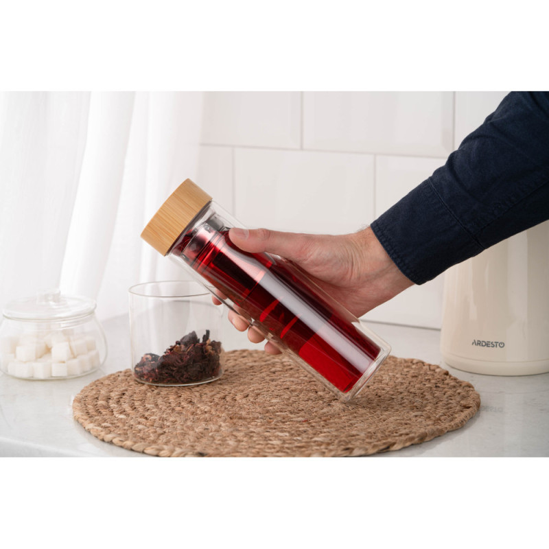 ARDESTO Double wall Bottle, 450 ml, borosilicate glass, bamboo lid (AR1345BB)