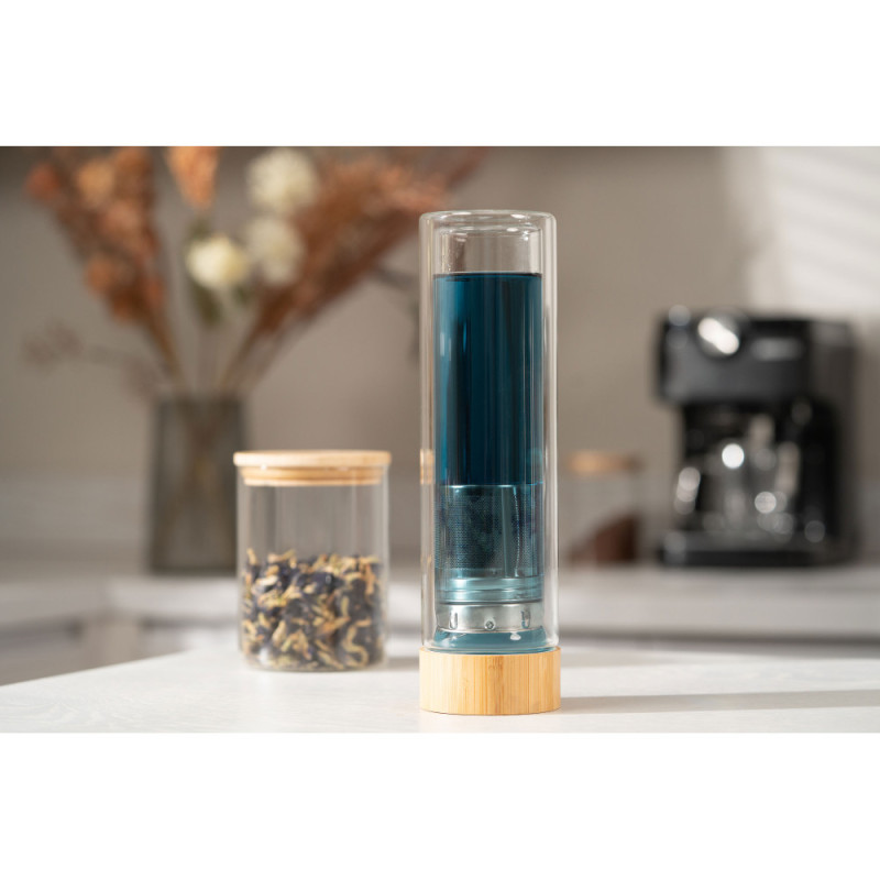 ARDESTO Double wall Bottle, 450 ml, borosilicate glass, bamboo lid (AR1345BB)
