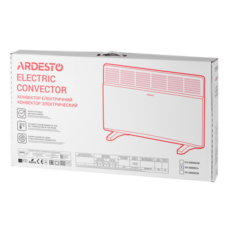 ARDESTO Конвектор электрический СН-2000ECA, 2000 Вт, 20 м2, LED-дисплей, IP24, антрацит матовый (CH-2000ECA)