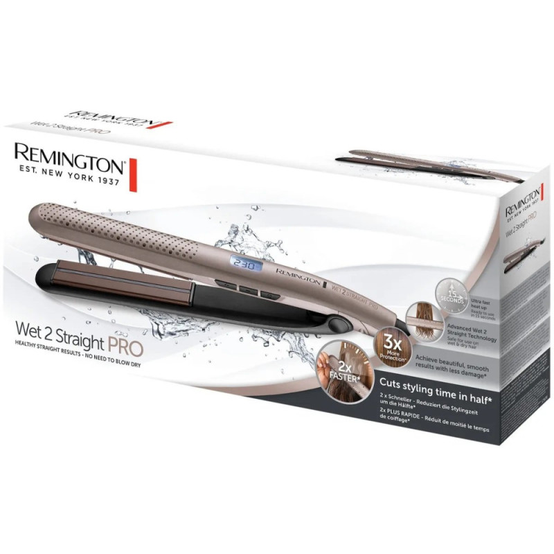 Remington hair straightener Wet 2 Straight Pro, 52V, temp. modes-10, 140-230С, ceramics, golden (S7970)