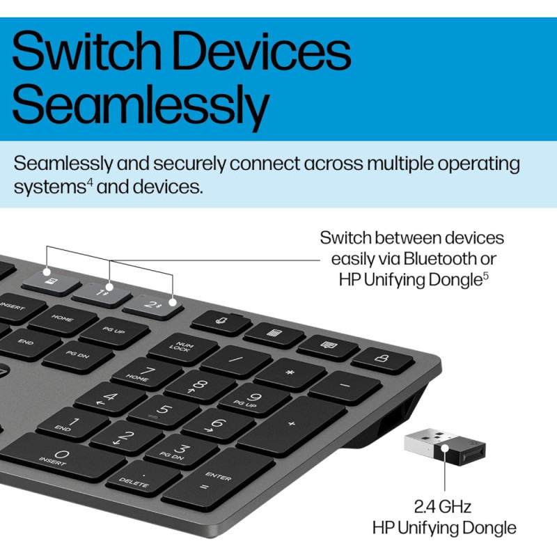 HP Keyboard membrane 720 Multi-Device Rechargeable, 109key, WL/BT, EN/UK, black (9T5B1AA)