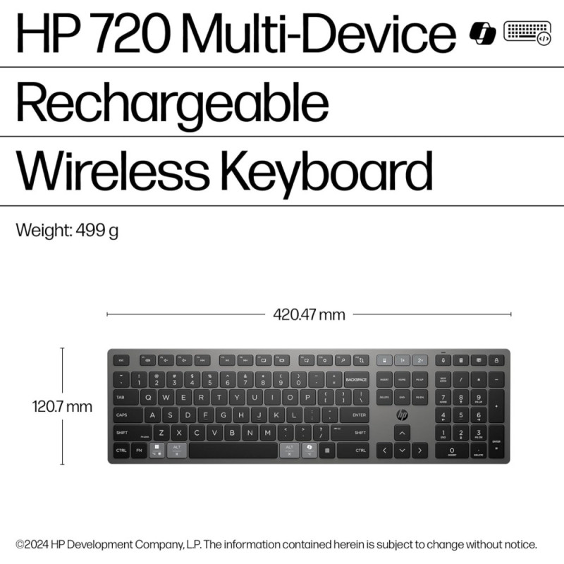 HP Keyboard membrane 720 Multi-Device Rechargeable, 109key, WL/BT, EN/UK, black (9T5B1AA)