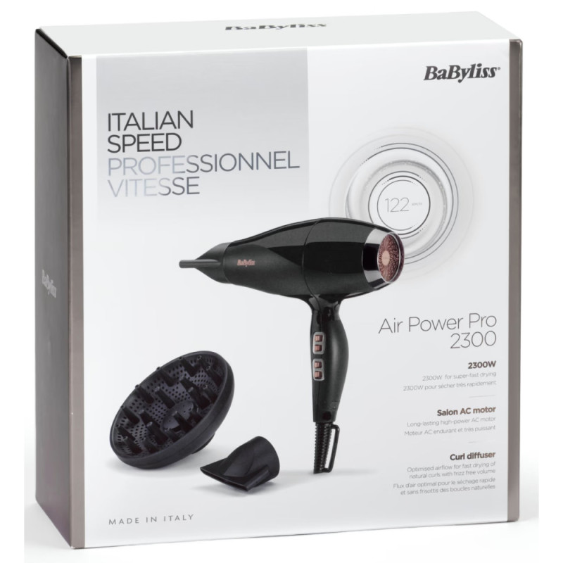 BaByliss hair dryer Air Power Pro, 3W, 3 modes, diffuser, ionization, cold blowing, ceramics, black- pink (6716DE)