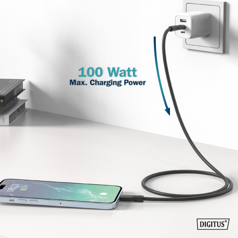 Digitus USB Silicone connection cable, USB-C - USB-C 2m, USB 3.2 Gen1, 5G, 4K, 100W, black (AK-300342-020-S)