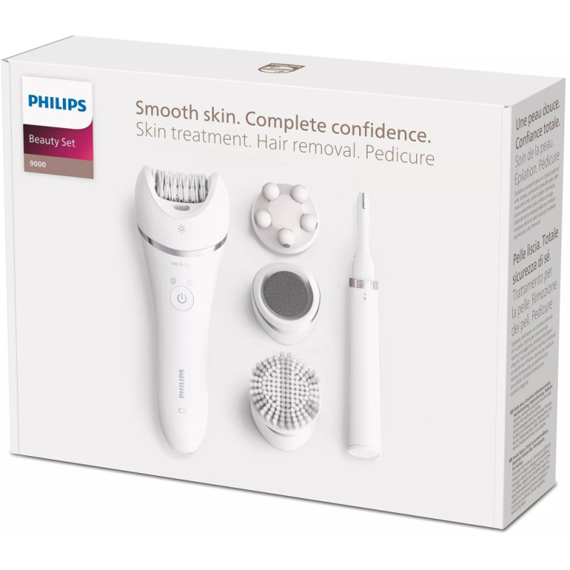 Philips Epilator Beauty Set Series 9000, rechargeable, tweezers.-32, nozzles-8, case, tweezers, trimmer, white (BRE740/90)