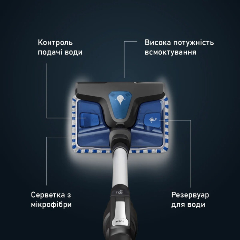 Rowenta Пилосос безпровідний X-Force 9.6 Aqua Animal, 250Вт, вологе прибирання, конт пил -0.4л, автон. робота до 45хв, чорно-синій (RH20C7WO)