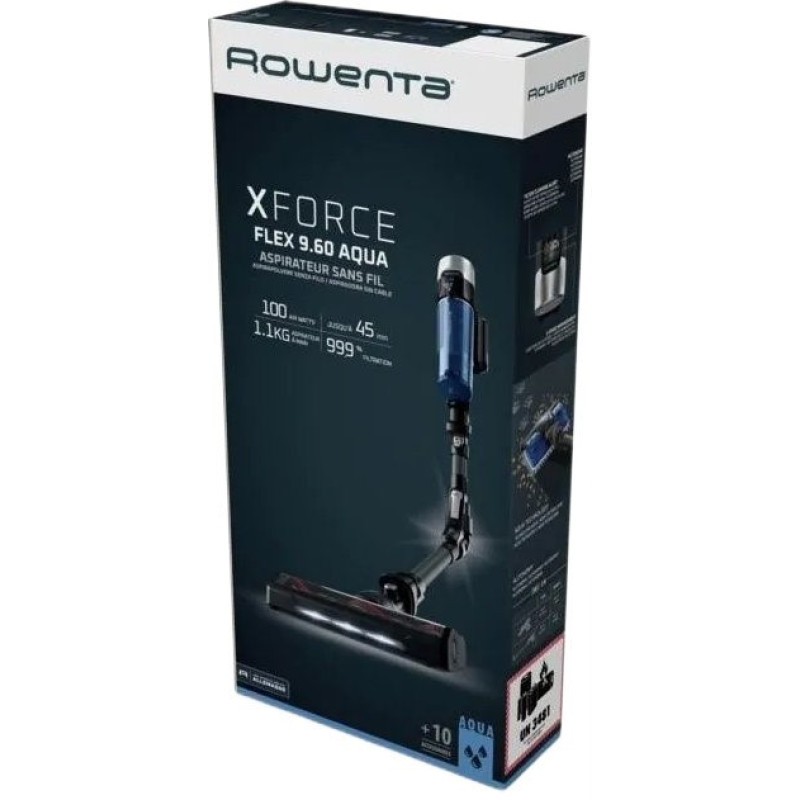 Rowenta Пилосос безпровідний X-Force 9.6 Aqua Animal, 250Вт, вологе прибирання, конт пил -0.4л, автон. робота до 45хв, чорно-синій (RH20C7WO)