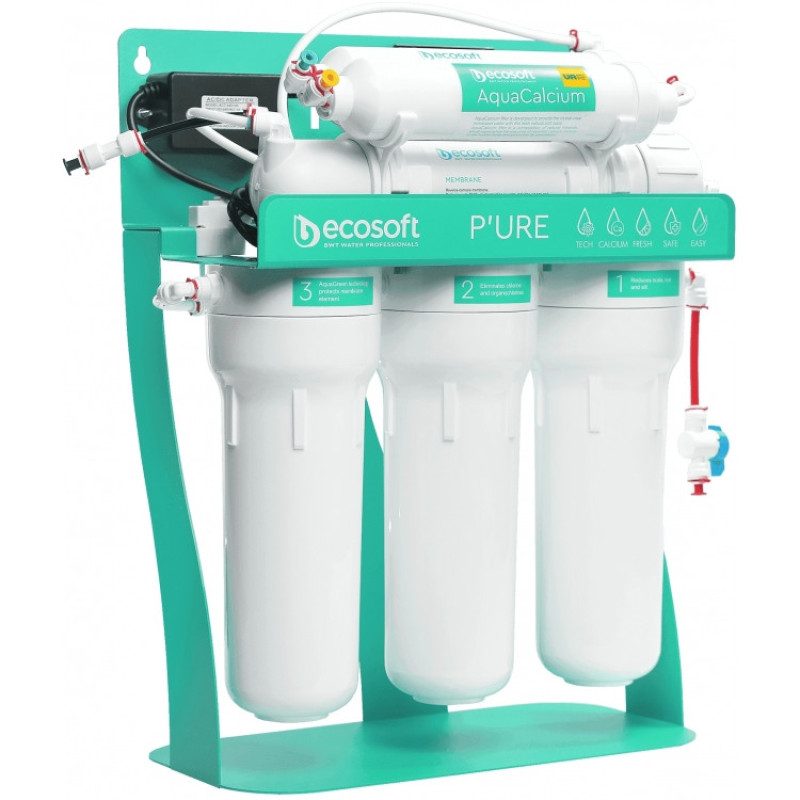 Ecosoft P'URE AquaCalcium Mint Reverse Osmosis Filter with Pump on Bed, 75gpd DuPont Membrane, AquaCalcium Mineral Enriching Cartridge, 1:1 Drainage (MO675PSMACECO)