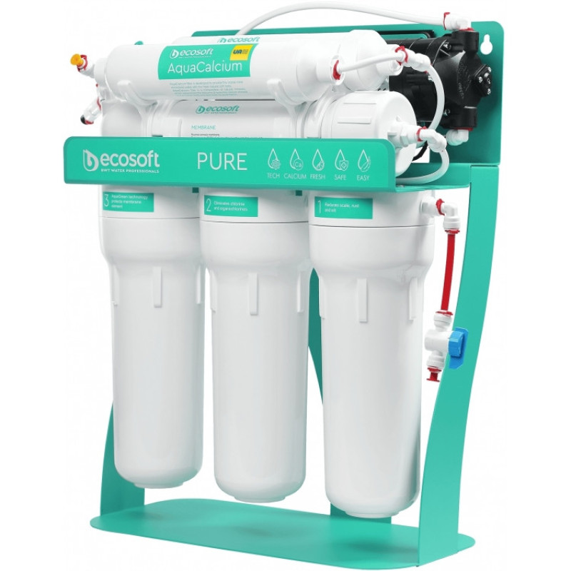 Ecosoft P'URE AquaCalcium Mint Reverse Osmosis Filter with Pump on Bed, 75gpd DuPont Membrane, AquaCalcium Mineral Enriching Cartridge, 1:1 Drainage (MO675PSMACECO)