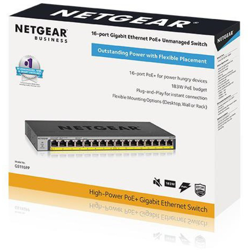 NETGEAR Комутатор GS116PP 16x1GE PoE+(183Вт), FlexPoE, некерований (GS116PP-100EUS)