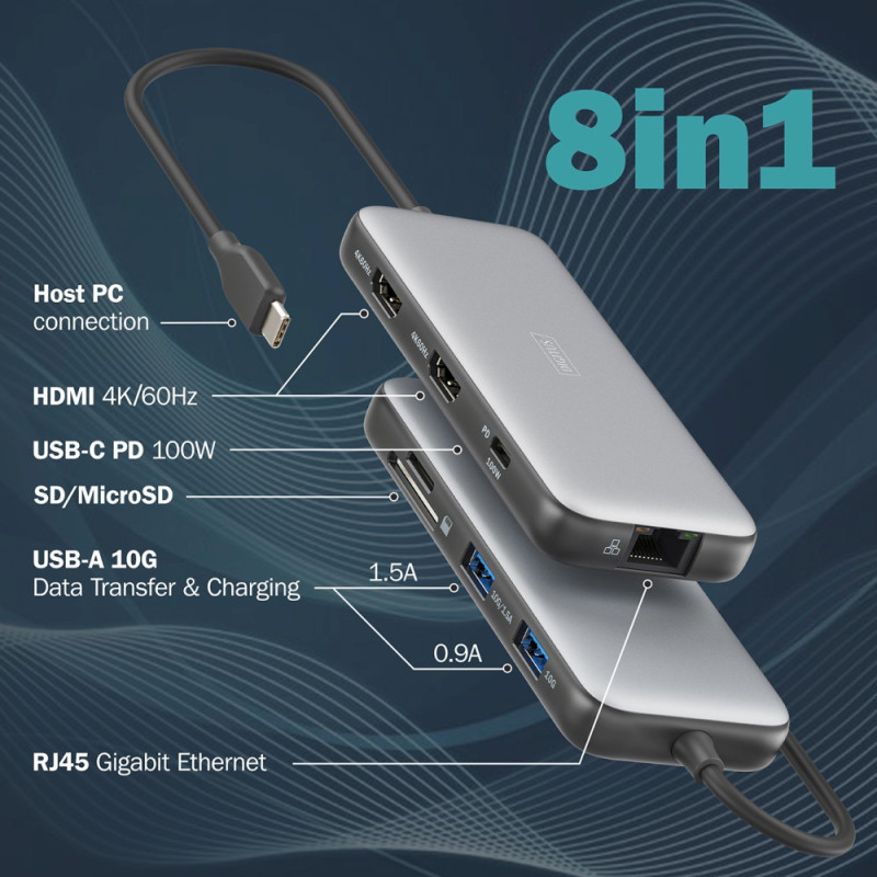Digitus Док-станція DIGITUS USB-C > 2xHDMI/2xUSB-A/USB-C/SD/MicroSD/RJ54 (DA-70915)