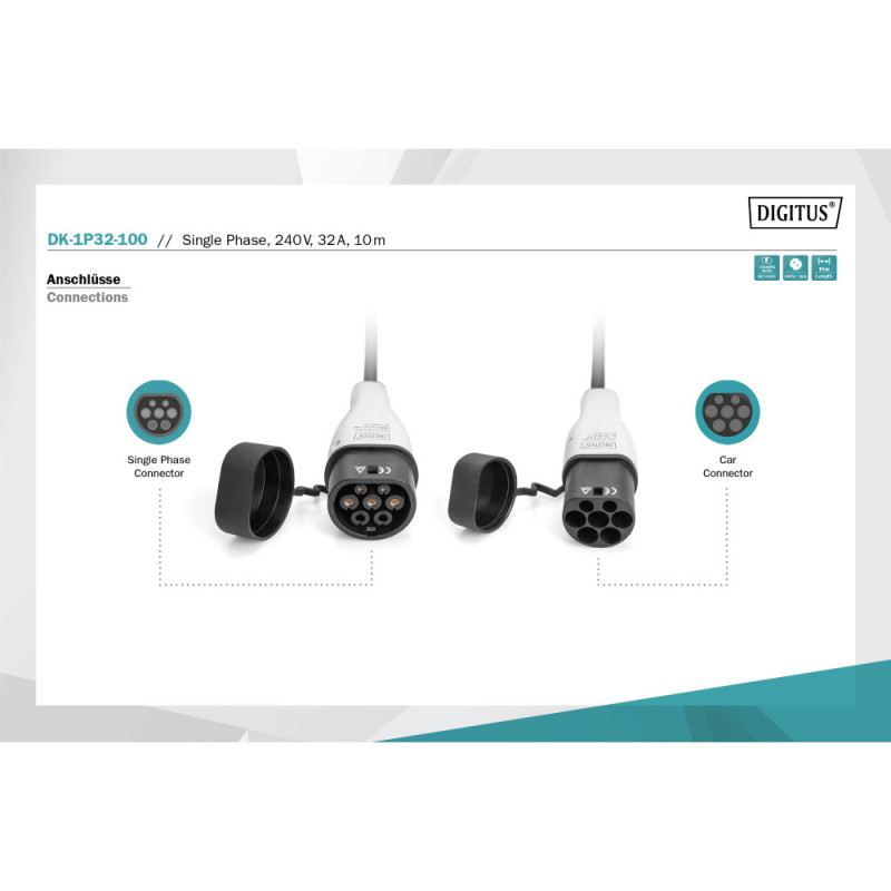 Digitus Single Phase, 240V, 32A, 10 m Type 2 to Type 2 Standard Charger cable (DK-1P32-100)
