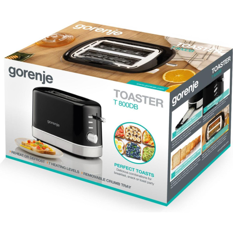 Gorenje Тостер 850Вт, підігрів, розморожування, пластик, чорний (T800DB)