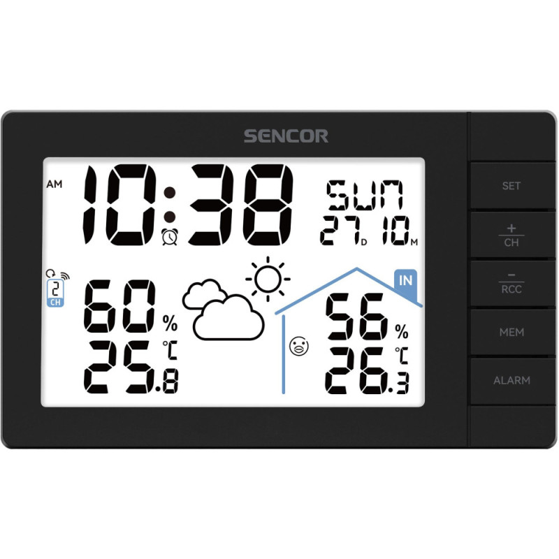 Sencor Метеостанція, внутр/зовн вимірювання, AAx3+AAx2, темп-ра, вологість, час, прогноз погоди, чорний (SWS3200)