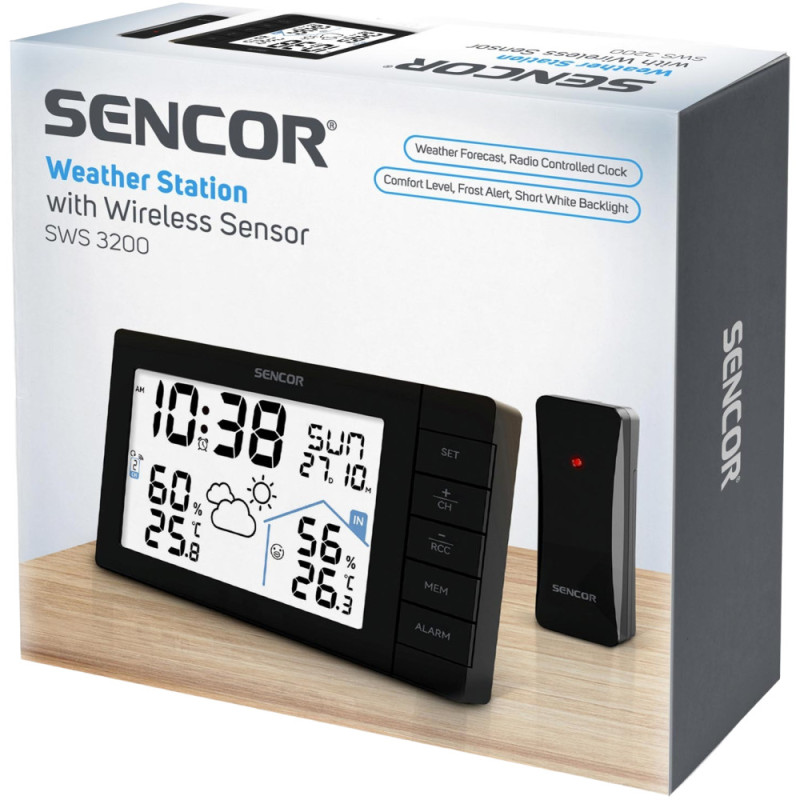 Sencor Метеостанція, внутр/зовн вимірювання, AAx3+AAx2, темп-ра, вологість, час, прогноз погоди, чорний (SWS3200)