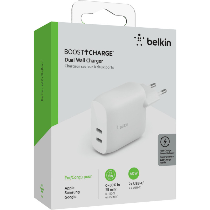 Belkin Wall Charger 40W 2xUSB-C PD, white (WCB006VFWH)