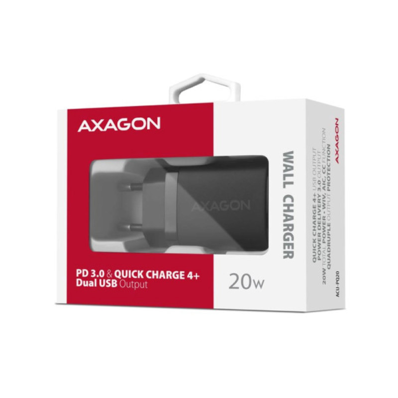 Зарядное устройство AXAGON 1xUSB QC3.0 + 1xUSB-C PD20W black (ACU-PQ20)